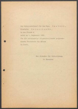 Der Lehrplanentwurf für das Fach Deutsch, Disziplin Heimatkunde ...