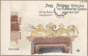 Steinegg Burg Steinegg Malereien an Turmecke und Teil des Einfassungsbandes am Äußeren des Turmes gegen den Hof