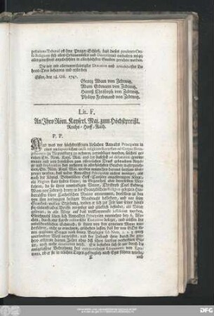 Lit. F. An Ihro Röm. Kayserl. Maj. zum Höchstpreißl. Reichs-Hoff-Rath.