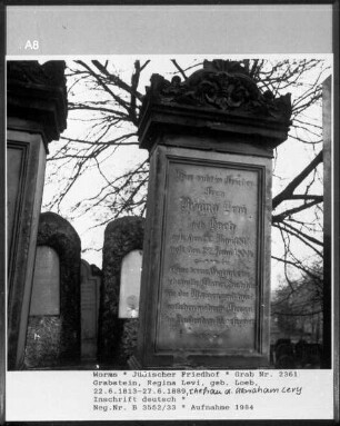 Grabstein von Regina Levi, geborene Loeb, Ehefrau von Abraham Levi (+ 1889.06.27)