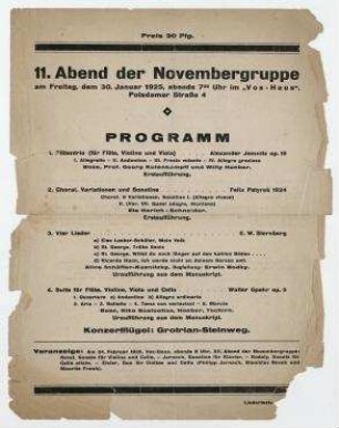 11. Abend der Novembergruppe. Berlin. Programm des elften Abends der Novembergruppe, 30. Januar 1925