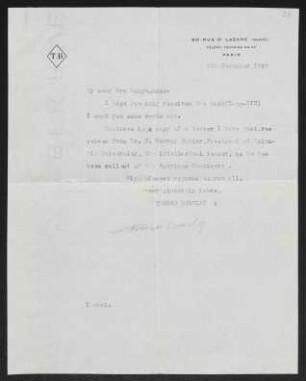 Brief von Thomas Barclay an Margarete Hauptmann