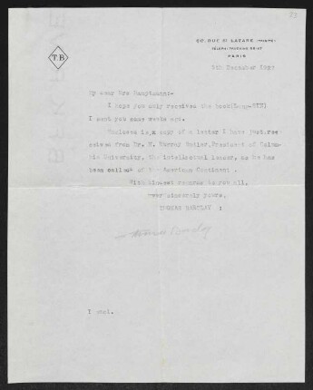 Brief von Thomas Barclay an Margarete Hauptmann