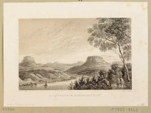 Das Elbtal zwischen dem Lilienstein und dem Königstein, im Hintergrund weitere Tafelberge der Sächsischen Schweiz, nach L. Richter