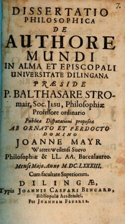 Dissertatio Philosophica De Authore Mundi