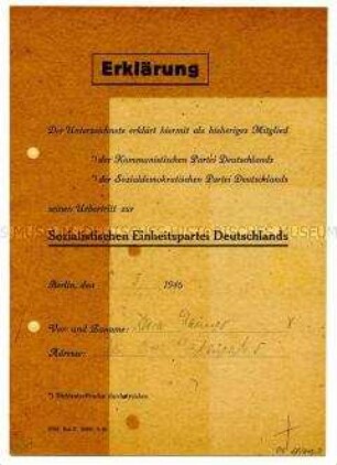 Erklärung des Übertritt von der KPD in die SED