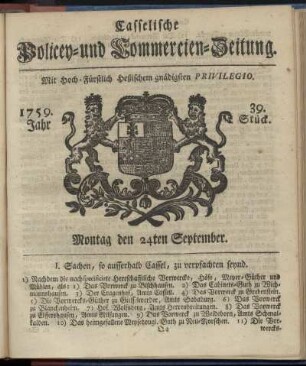 39. Stueck Montag den 24ten September 1759