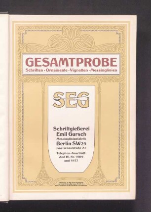 Gesamtprobe : Schriften, Ornamente, Vignetten, Messinglinien