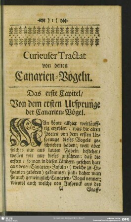 Das erste Capitel, Von dem ersten Ursprunge der Canarien-Vögel