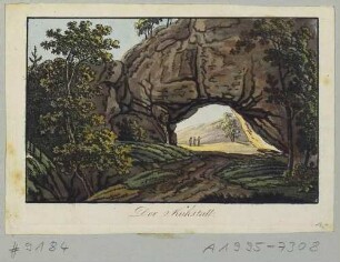 Das Felsentor Kuhstall auf dem Neuen Wildenstein zwischen Schmilka und dem Kirnitzschtal in der Sächsischen Schweiz mit Ausschank