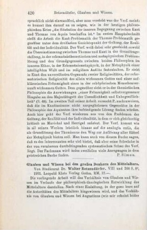 420-422 [Rezension] Betzendörfer, Walter, Glauben und Wissen bei den grossen Denkern des Mittelalters