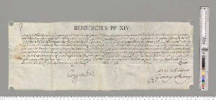 Papst Benedikt XIV. verleiht allen wahrhaft bußfertigen Gläubigen, die nach Ablegung der Beichte am Fest der heiligen Elisabeth die Kirche der Deutschordenskommende in Würzburg oder die Kapellen und Altäre in dieser Kirche besuchen, einen vollständigen Ablass ihrer Sünden. Aussteller: Papst Benedikt XIV. Empfänger: Deutschordenskommende Würzburg