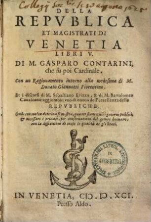 Della republica et magistrati di Venetia : libri V.