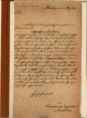 E. E. erlaubt sich die unterzeichnete Expedition hierbei eine Probenummer des "bayerschen Landboten" zur Einsicht vorzulegen ... : München, am 1s. März 1831
