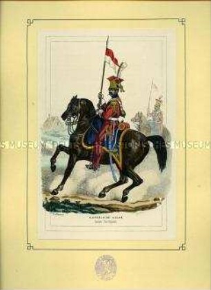 Uniformdarstellung, Ulan des 2. Ulanen-Regiments der Kaiserlichen Garde mit Lanzenflagge, Frankreich, 1812. Tafel 22 aus: Bellangé: Die Soldaten der französischen Republik und des Kaiserreichs.