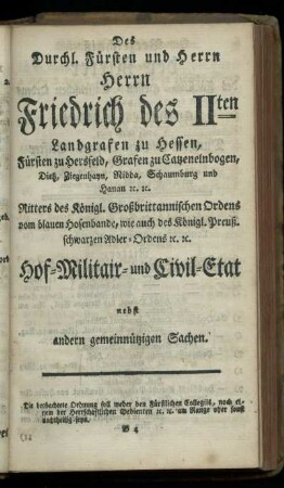 Hof- Militair- und Civil-Etat nebst andern gemeinnuetzigen Sachen