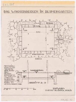 Druckvorlagen / Garten Allinger, Berlin-Dahlem: Grundriss und Längsschnitt des Wasserbeckens