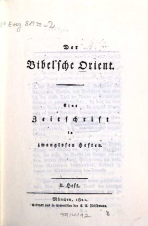 Der bibel'sche Orient : eine Zeitschrift. 2, 2. 1821