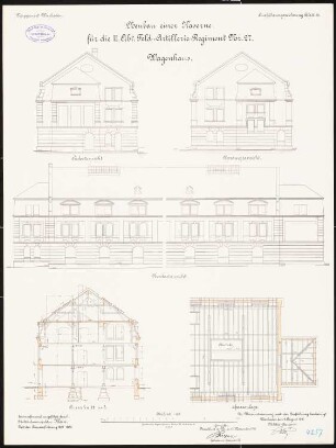Artilleriekaserne II/27, Wiesbaden: Wagenhaus: Grundriss Sparrenlage, Aufriss Nordostansicht, Nordwestansicht, Südostansicht, Querschnitt 1:100