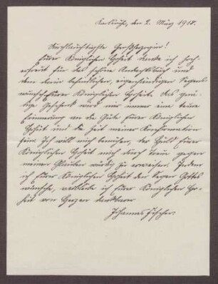 Schreiben von Johannes Fischer an die Großherzogin Luise; Dank für die Übersendung eines Andachtsbildes
