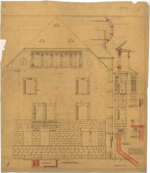 Billing, Hermann; Karlsruhe, Eisenlohrstr. / Bunsenstr. 22; Haus Muser - Ostfassade (Ansicht); Loggia (Schnitt); Balkon (Schnitt, Grundriss); Eckauskragung (Ansicht)