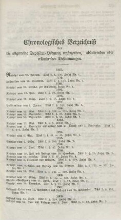 Chronologisches Verzeichniß der die allgemeine Deposital-Ordnung ergänzenden, abändernden oder erläuternden Bestimmungen.