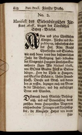 No. 2. Manifest des Siebenbürgischen Fürstens Abaffi, wegen des Türkischen Schutz- Briefes.
