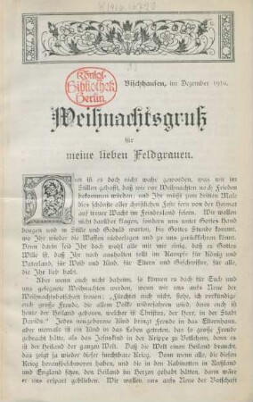 Weihnachtsgruß für meine lieben Feldgrauen : Bischhausen, im Dezember 1916