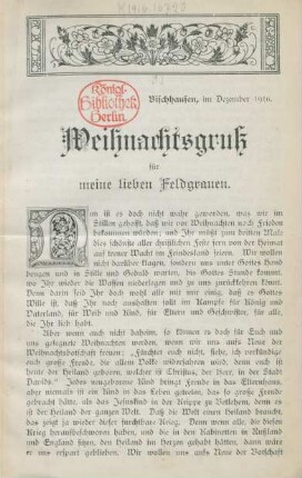 Weihnachtsgruß für meine lieben Feldgrauen : Bischhausen, im Dezember 1916