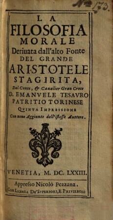 La Filosofia morale derivata dall'alto fonte del grande Aristotele Stagirita