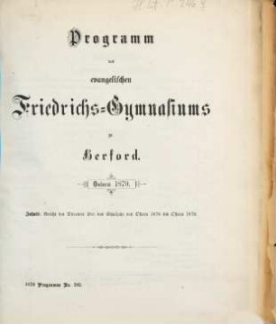 Programm des Evangelischen Friedrichs-Gymnasiums zu Herford : Ostern .... 1878/79