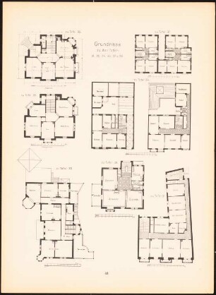 Grundrisse Karlsruhe, Heilbronn, Mannheim, Baden-Baden, Stuttgart: Grundrisse (aus: Moderne Neubauten, 1.Jg., 1894, hrsg. W. Kick)