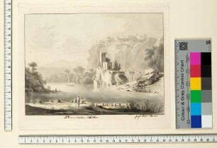 Italienische Landschaft mit Bergstadt und Felsenkastell in Fluss