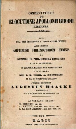 Commentationis de elocutione Apollonii Rhodii Particula : (Diss. inaug. philos.)