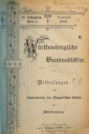 Württembergische Bundesblätter : Mitteilungen des Württ. Hauptvereins des Evangelischen Bundes. 10. 1897