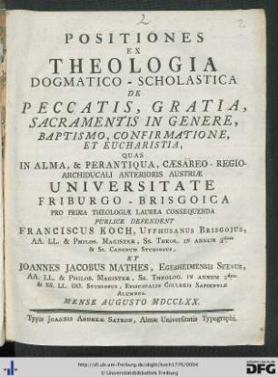 Positiones Ex Theologia Dogmatico-Scholastica De Peccatis, Gratia, Sacramentis In Genere, Baptismo, Confirmatione, Et Eucharistia