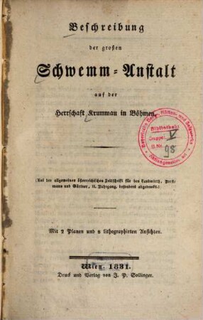 Beschreibung der großen Schwemm-Anstalt auf der Herrschaft Krummau in Böhmen