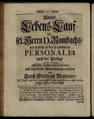 Kurtzer Lebens- Lauf des sel. Herrn D. Rambachs/ ...