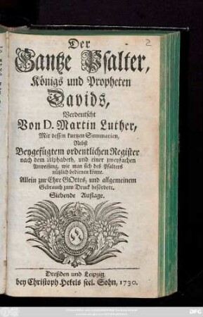 Der Gantze Psalter, Königs und Propheten Davids