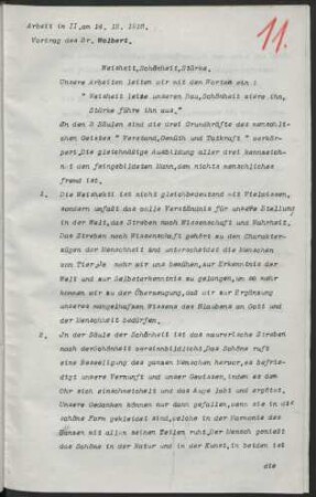 Arbeit in II. am 14.12.1916. Vortrag des Br. Wolbert. Weisheit, Schönheit, Stärke.