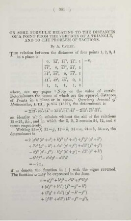 On some formulae relating to the distances of a point from the vertices of a triangle, and to the problem of tactions.