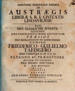 Disp. inaug. iur. de austraegis liberae Sacri Romani Imperii civitatis Lindaviensis