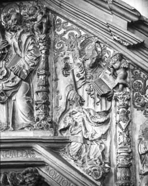 Halle (Saale), Dom, urspr. Dominikaner-Klosterkirche St. Pauli, Inneres, am nördl. 4. Pfeiler von Westen, Sandsteinkanzel, Kardinal Albrecht als Gregorius; Ulrich Creutz