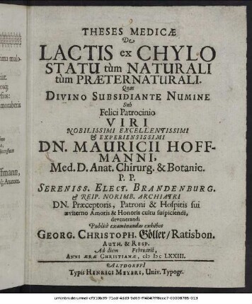 Theses Medicae De Lactis ex Chylo Statu tum Naturali tum Praeternaturali