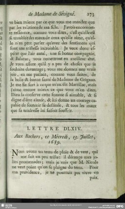 Lettre DLXIV. Aux Rochers, ce Mécredi, 13. Juillet, 1689