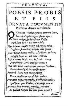 Poesis Probis Et Piis Ornata Docvmentis Primæuo decori restituenda