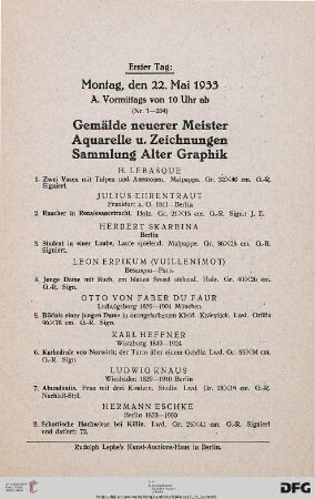 A. Vormittags von 10 Uhr ab: Gemälde neuerer Meister – Aquarelle und Zeichnungen – Sammlung Alter Graphik (Nr. 1-204)