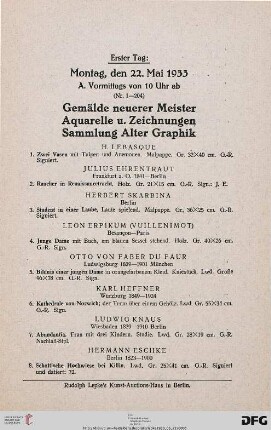 A. Vormittags von 10 Uhr ab: Gemälde neuerer Meister – Aquarelle und Zeichnungen – Sammlung Alter Graphik (Nr. 1-204)