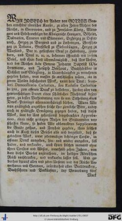 Wir Joseph der Andere von Gottes Gnaden erwehlter römischer Kayser ...