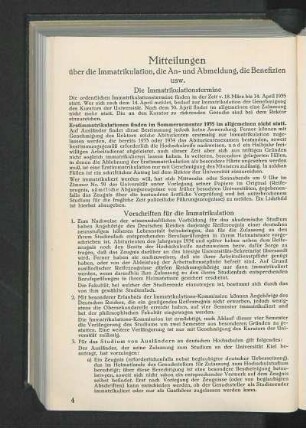 Mitteilungen über die Immatrikulation, die An- und Abmeldung, die Benefizien usw.